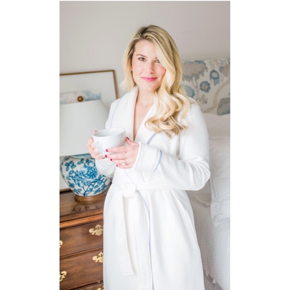 LAKE Pajamas Cozy Robe White Blue Piping Cotton Fleece Shawl Collar Large L